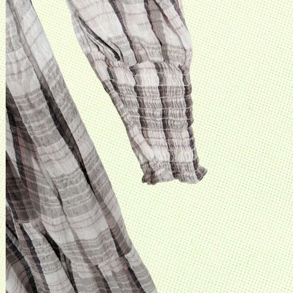 FREE PEOPLE Tunic Mini Dress XS‎ Beige Plaid Red Moon Cotton Blend Gauze Cottage